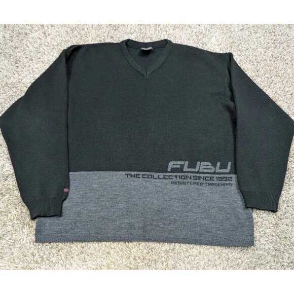 Vintage Y2K FUBU Sweater Pullover Mens Large Black Grey Rap Hip Hop Casual - Picture 1 of 6